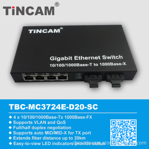 4-Port 10/100/1000base-Tx to 2-Port 100base-Fx Fiber Ethernet Switch Tbc-Mc3714e-D20-LC